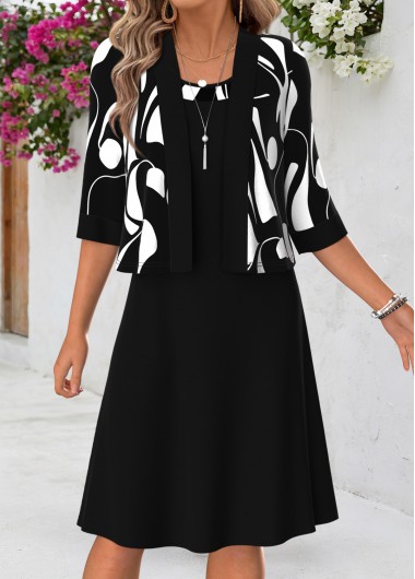 Geometric Print Tummy Coverage Black Half Sleeve Dress