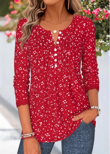 Geometric Print Patchwork Red Long Sleeve T Shirt Geometric Print Patchwork Red Long Sleeve T Shirt