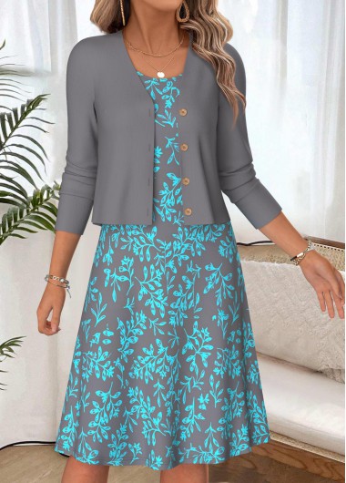 Leaf Print Two-piece Light Grey Dress and Cardigan