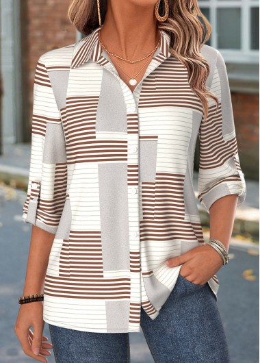 Geometric Print Tummy Coverage Light Grey 3/4 Sleeve Shirt Geometric Print Tummy Coverage Light Grey 3/4 Sleeve Shirt