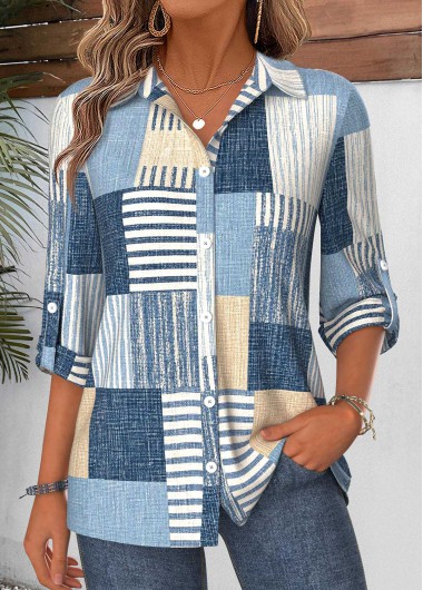 Geometric Print Tummy Coverage Denim Blue 3/4 Sleeve Shirt