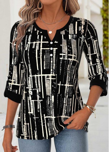 Geometric Print Curved Hem Black 3/4 Sleeve Blouse