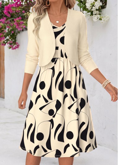 Geometric Print Tummy Coverage Beige Dress and Cardigan Geometric Print Tummy Coverage Beige Dress and Cardigan