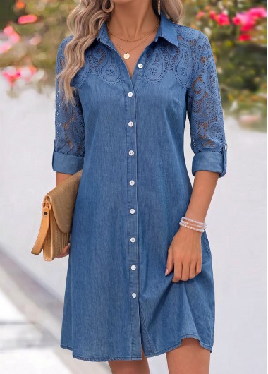 Patchwork Denim Blue Short Long Sleeve Shirt Collar Dress