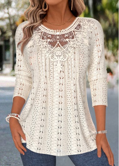Patchwork Beige Long Sleeve Round Neck T Shirt