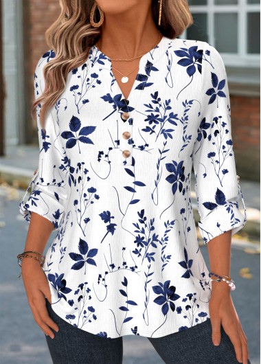 Floral Print Curved Hem Blue Long Sleeve Shirt Floral Print Curved Hem Blue Long Sleeve Shirt