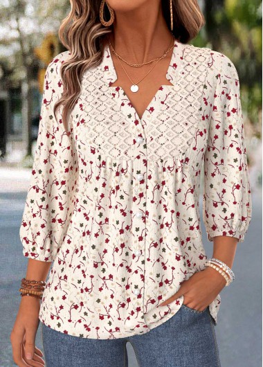 Ditsy Floral Print Shirred Beige 3/4 Sleeve Blouse Ditsy Floral Print Shirred Beige 3/4 Sleeve Blouse