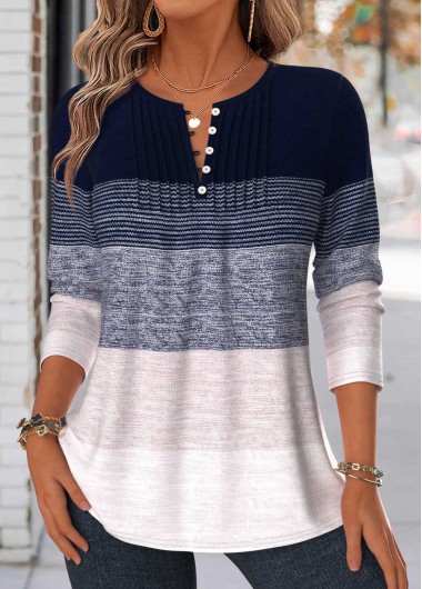 Striped Tuck Stitch Navy Long Sleeve T Shirt