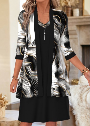 Dazzle Colorful Print Two-piece Black Dress and Cardigan Dazzle Colorful Print Two-piece Black Dress and Cardigan