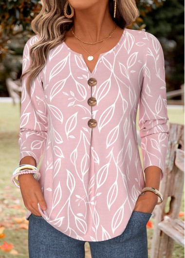 Leaf Print Pleated Pink Long Sleeve Split Neck Blouse Leaf Print Pleated Pink Long Sleeve Split Neck Blouse