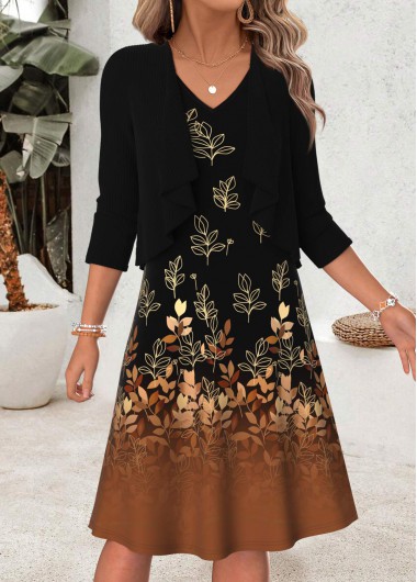 Leaf Print Two-piece Black Long Sleeve Dress and Cardigan