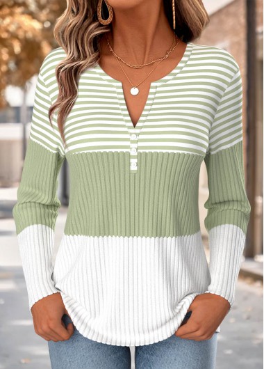 Striped Button Light Green Long Sleeve T Shirt