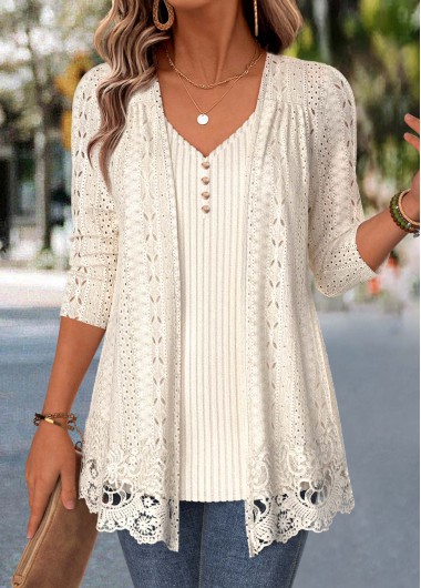 Beige Long Sleeve V Neck Fake Two Piece Twinset Beige Long Sleeve V Neck Fake Two Piece Twinset