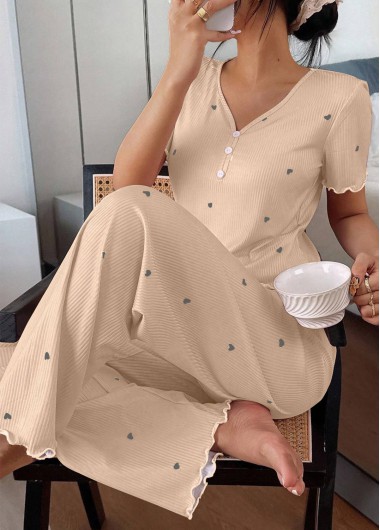 Heart Print Champagne V Neck Lounge Top and Pants Heart Print Champagne V Neck Lounge Top and Pants