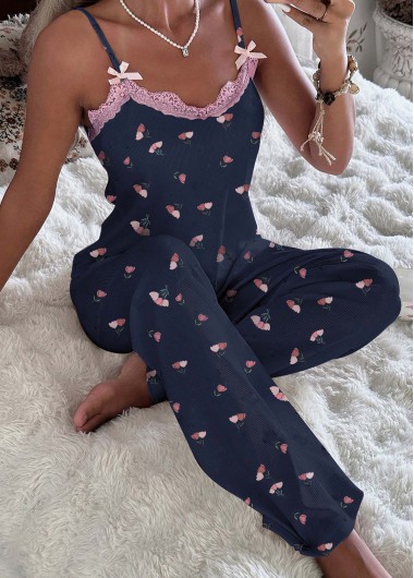Floral Print Navy Scoop Neck Lounge Top and Pants Floral Print Navy Scoop Neck Lounge Top and Pants