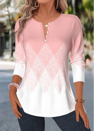 Geometric Print Tuck Stitch Light Pink Long Sleeve Blouse Geometric Print Tuck Stitch Light Pink Long Sleeve Blouse