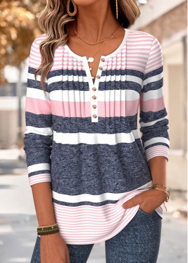 Striped Tuck Stitch Multi Color Long Sleeve T Shirt Striped Tuck Stitch Multi Color Long Sleeve T Shirt