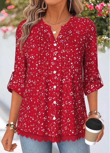 Geometric Print Patchwork Red 3/4 Sleeve Split Neck Shirt