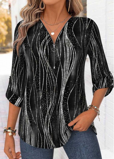 Ombre Curved Hem Black 3/4 Sleeve V Neck Blouse Ombre Curved Hem Black 3/4 Sleeve V Neck Blouse