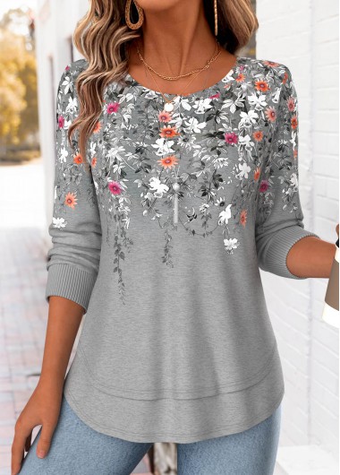 Floral Print Fake 2in1 Light Grey Marl T Shirt