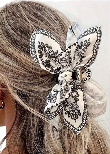 White Paisley Print Bow Hair Barrette Clip