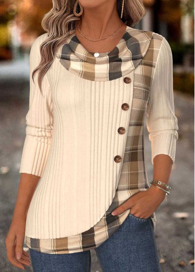 Plaid Patchwork Beige Long Sleeve Draped Neck T Shirt Plaid Patchwork Beige Long Sleeve Draped Neck T Shirt