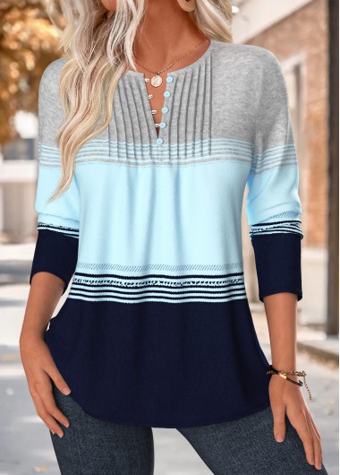 Geometric Print Tuck Stitch Light Blue T Shirt Geometric Print Tuck Stitch Light Blue T Shirt