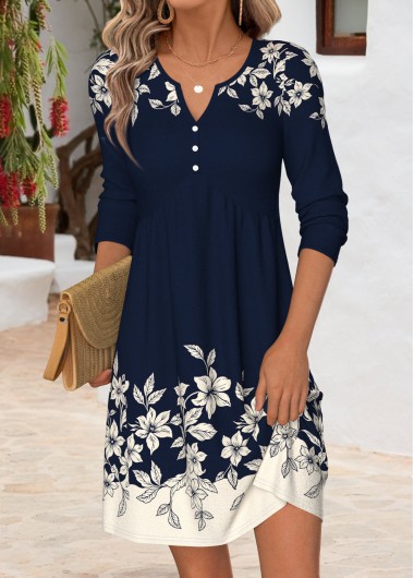 Floral Print Tummy Coverage Navy Long Sleeve Dress