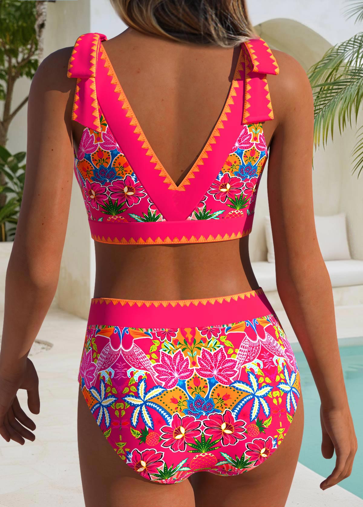 Mid Waisted Floral Print Wide Waistband Bikini Set