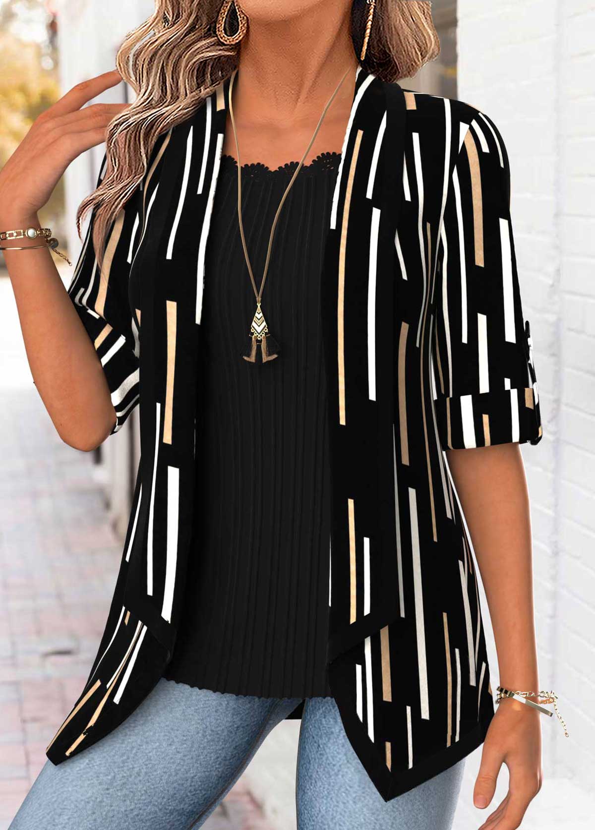 Geometric Print Black 3/4 Sleeve Fake Two Piece Twinset