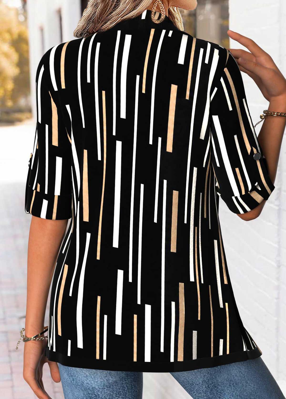 Geometric Print Black 3/4 Sleeve Fake Two Piece Twinset