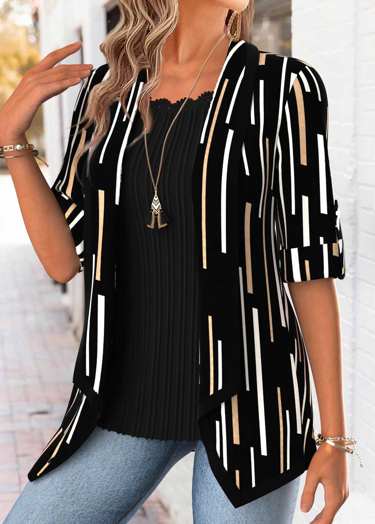 Geometric Print Black 3/4 Sleeve Fake Two Piece Twinset