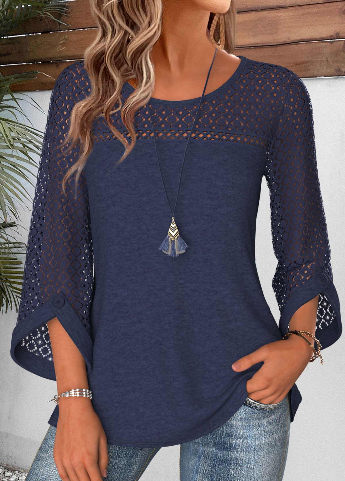 Patchwork Navy 3/4 Sleeve Round Neck Blouse