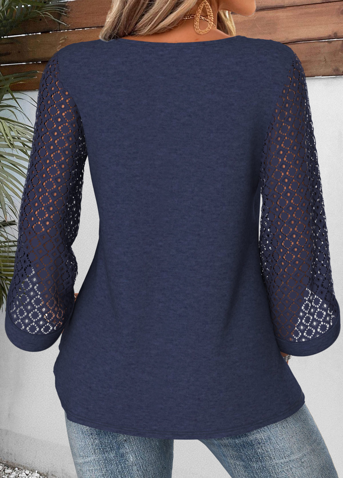Patchwork Navy 3/4 Sleeve Round Neck Blouse