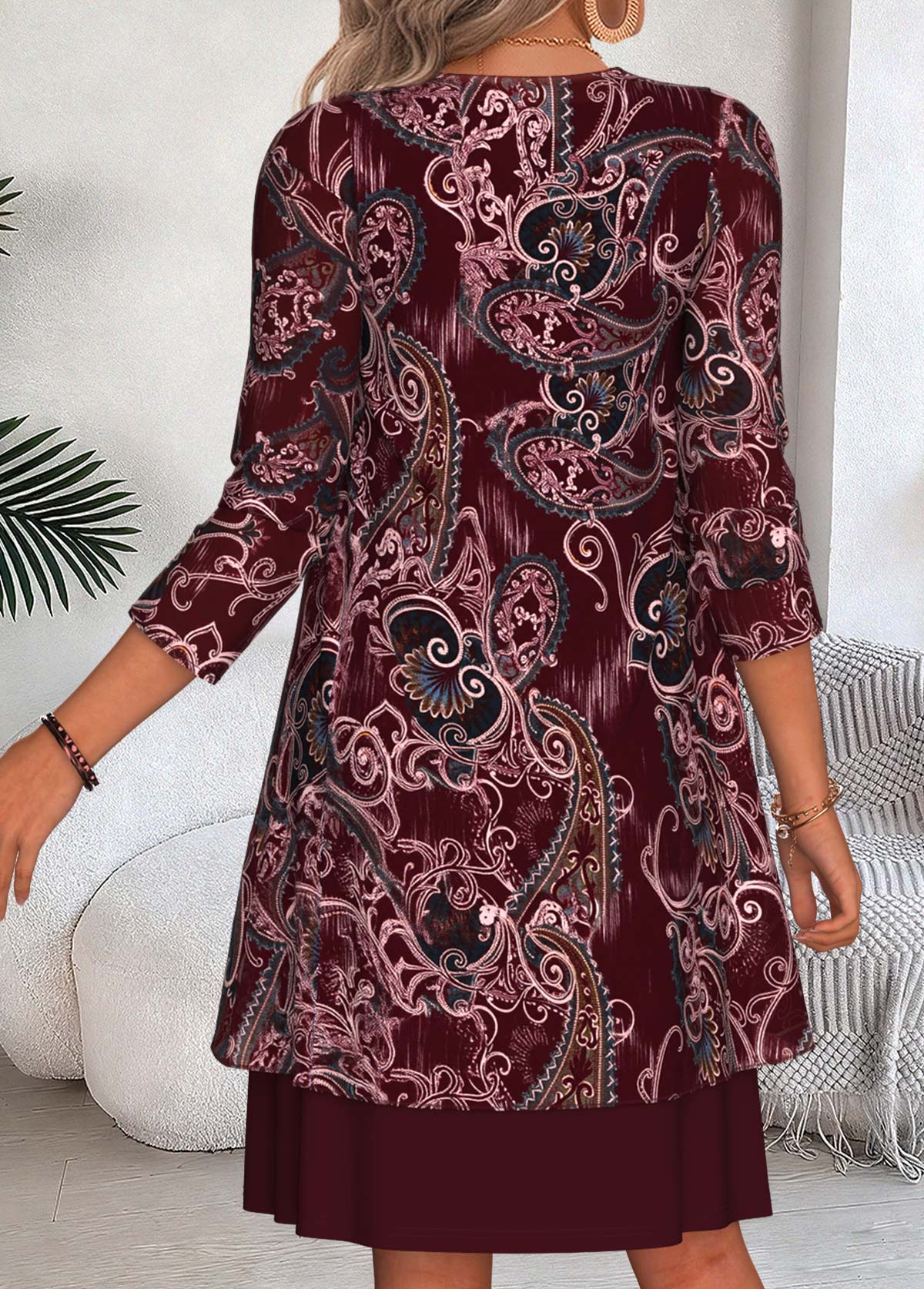 Paisley Print Two-piece Wine Red Dress and Cardigan