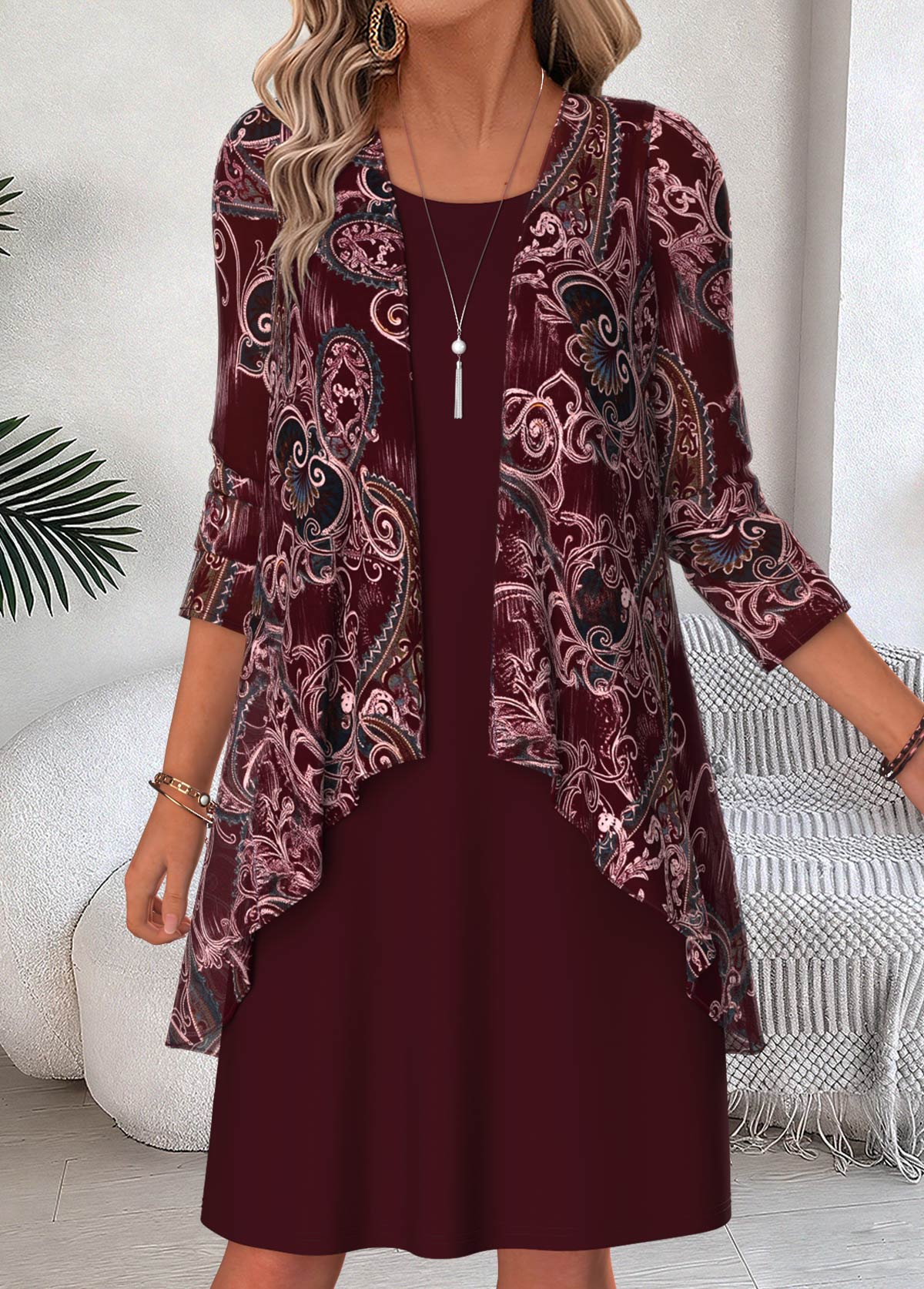 Paisley Print Two-piece Wine Red Dress and Cardigan