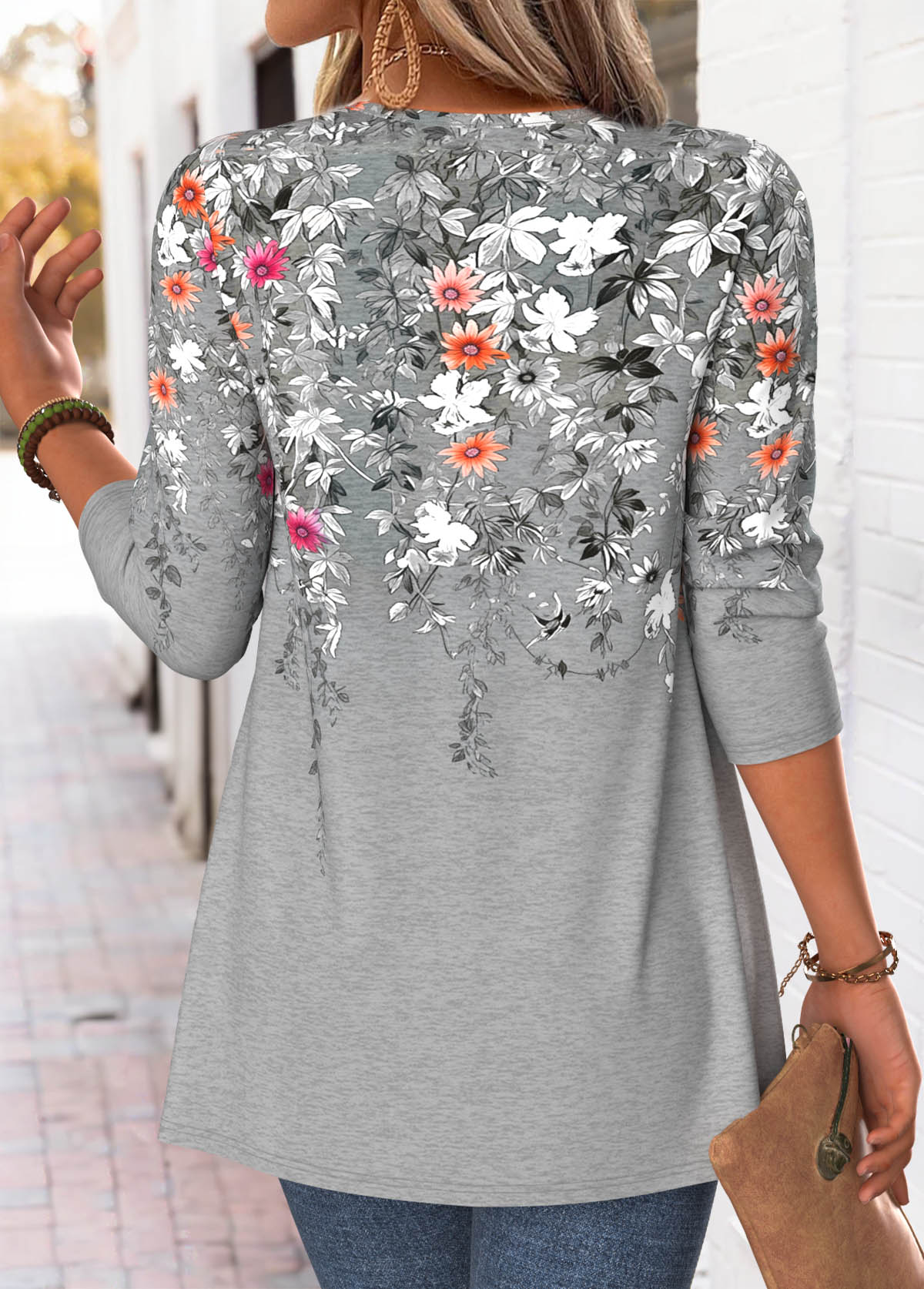Floral Print Light Grey Marl Fake Two Piece Twinset