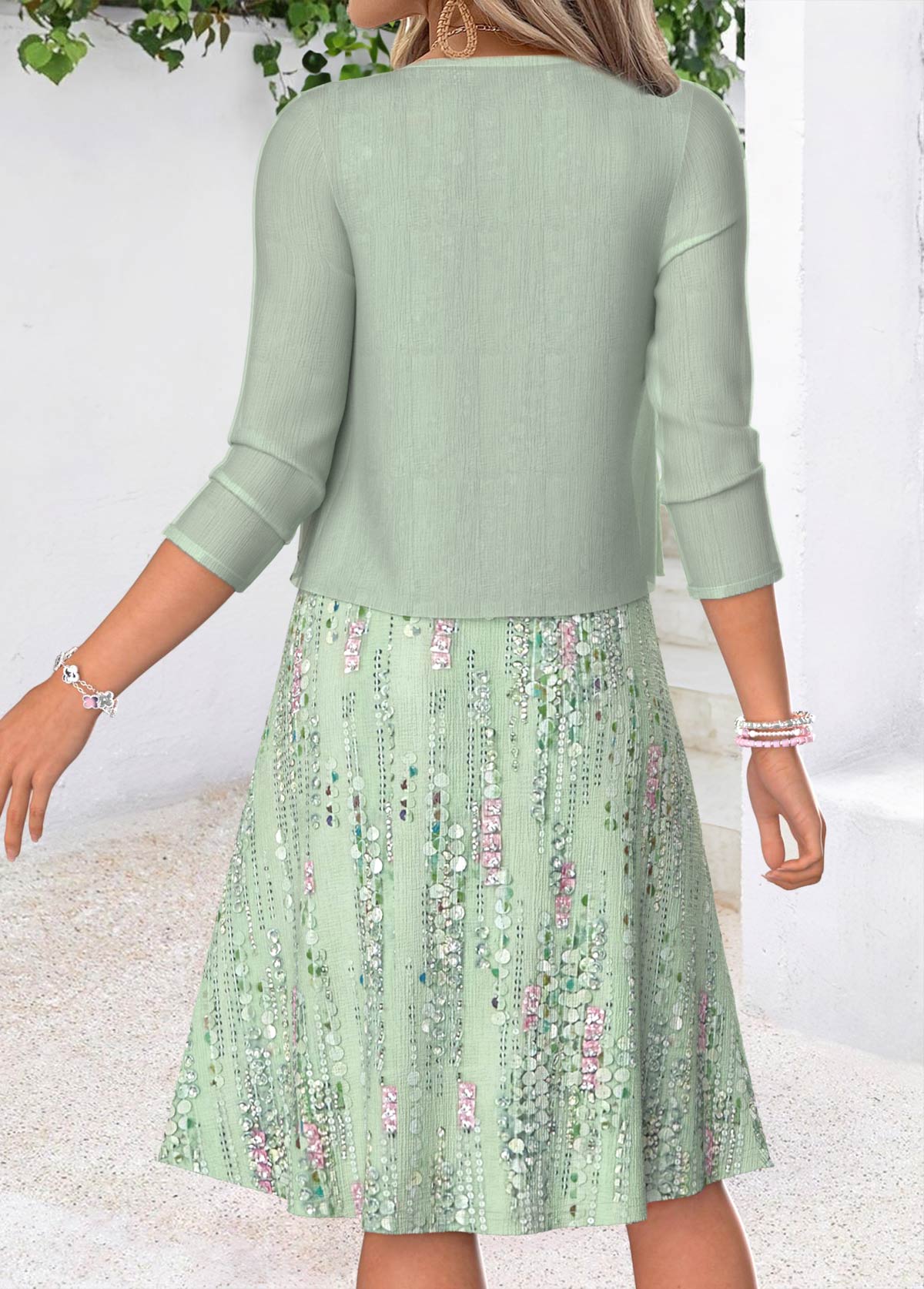 Geometric Print Two-piece Light Green Dress and Cardigan