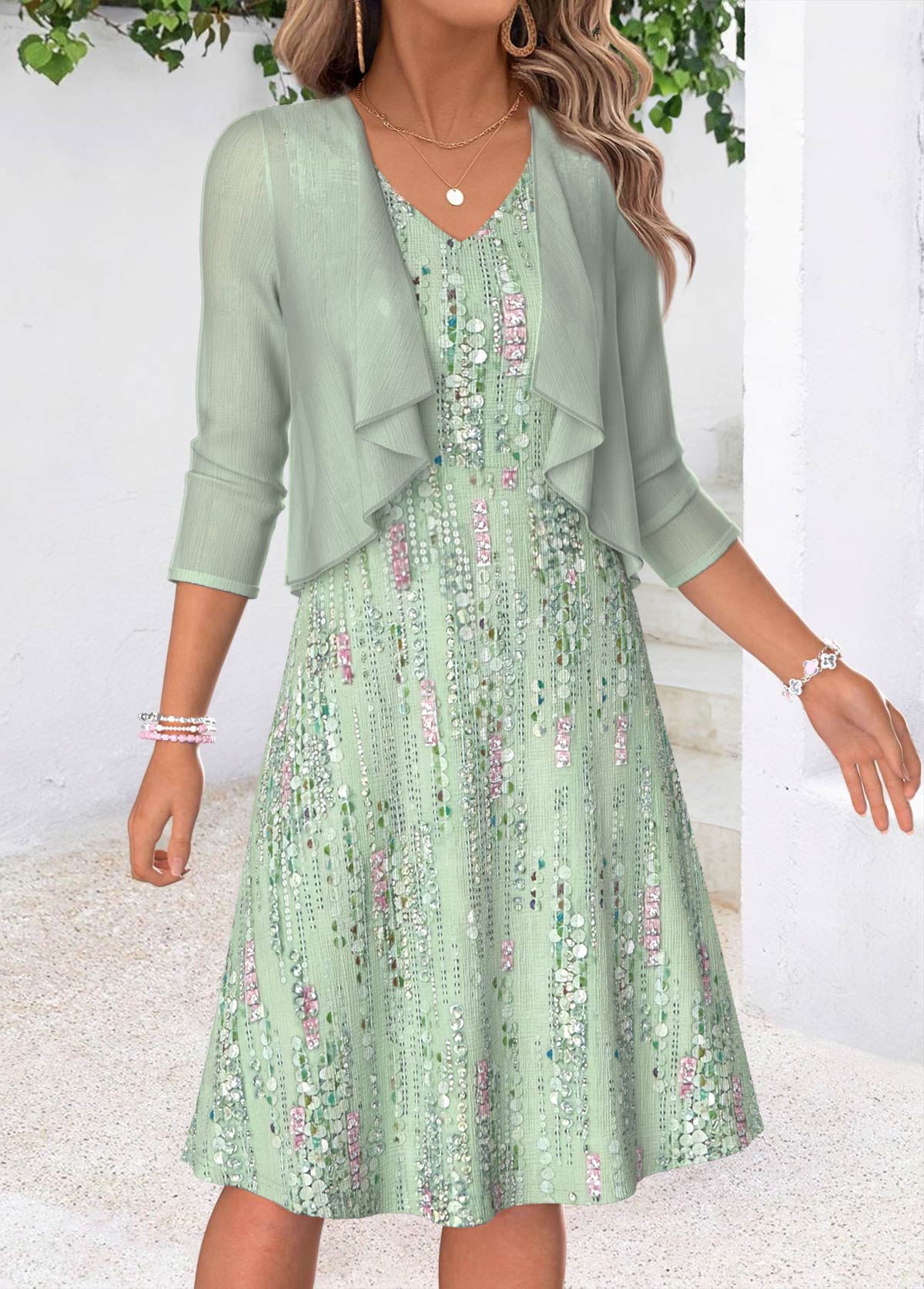 Geometric Print Two-piece Light Green Dress and Cardigan