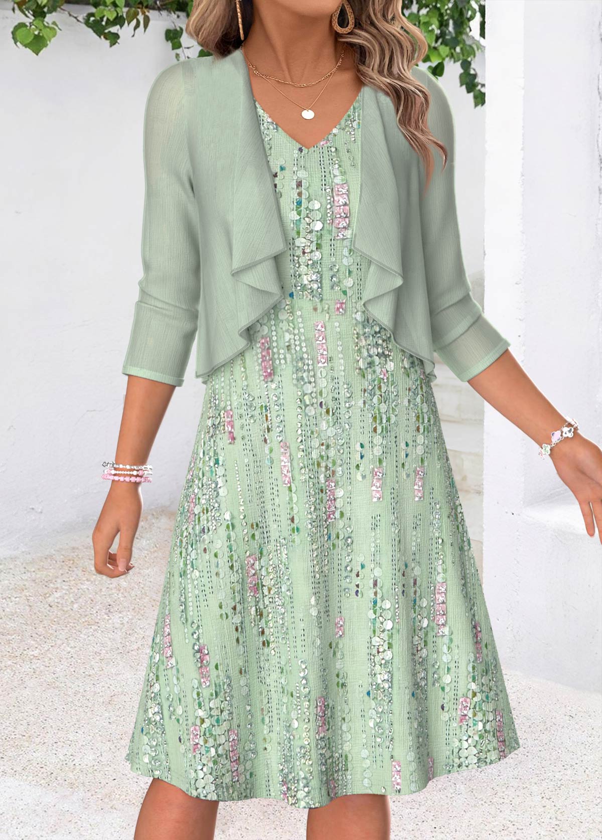 Geometric Print Two-piece Light Green Dress and Cardigan