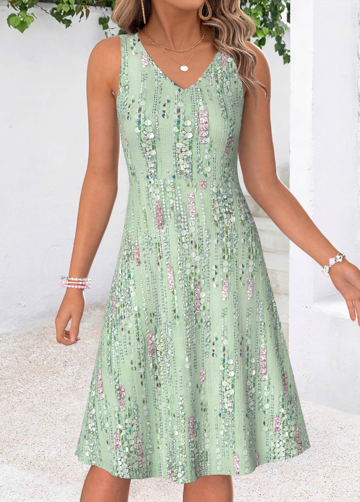 Geometric Print Two-piece Light Green Dress and Cardigan