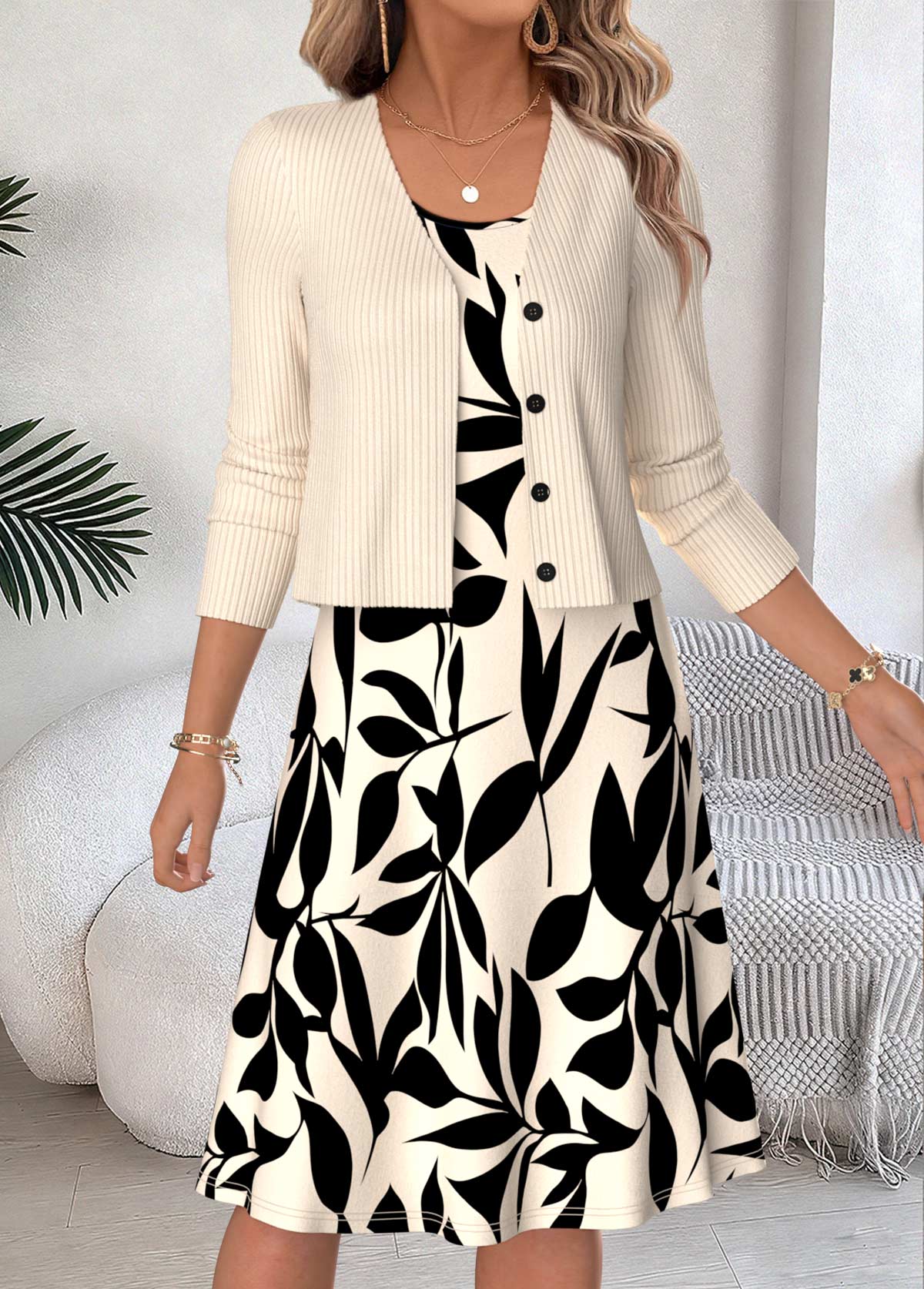 Leaf Print Two-piece Beige Long Sleeve Dress and Cardigan
