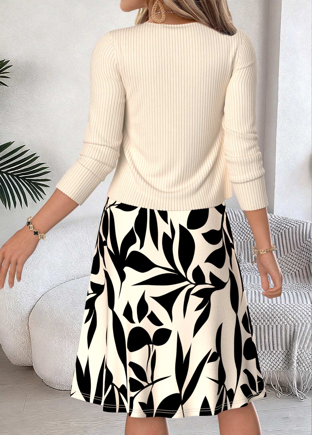 Leaf Print Two-piece Beige Long Sleeve Dress and Cardigan