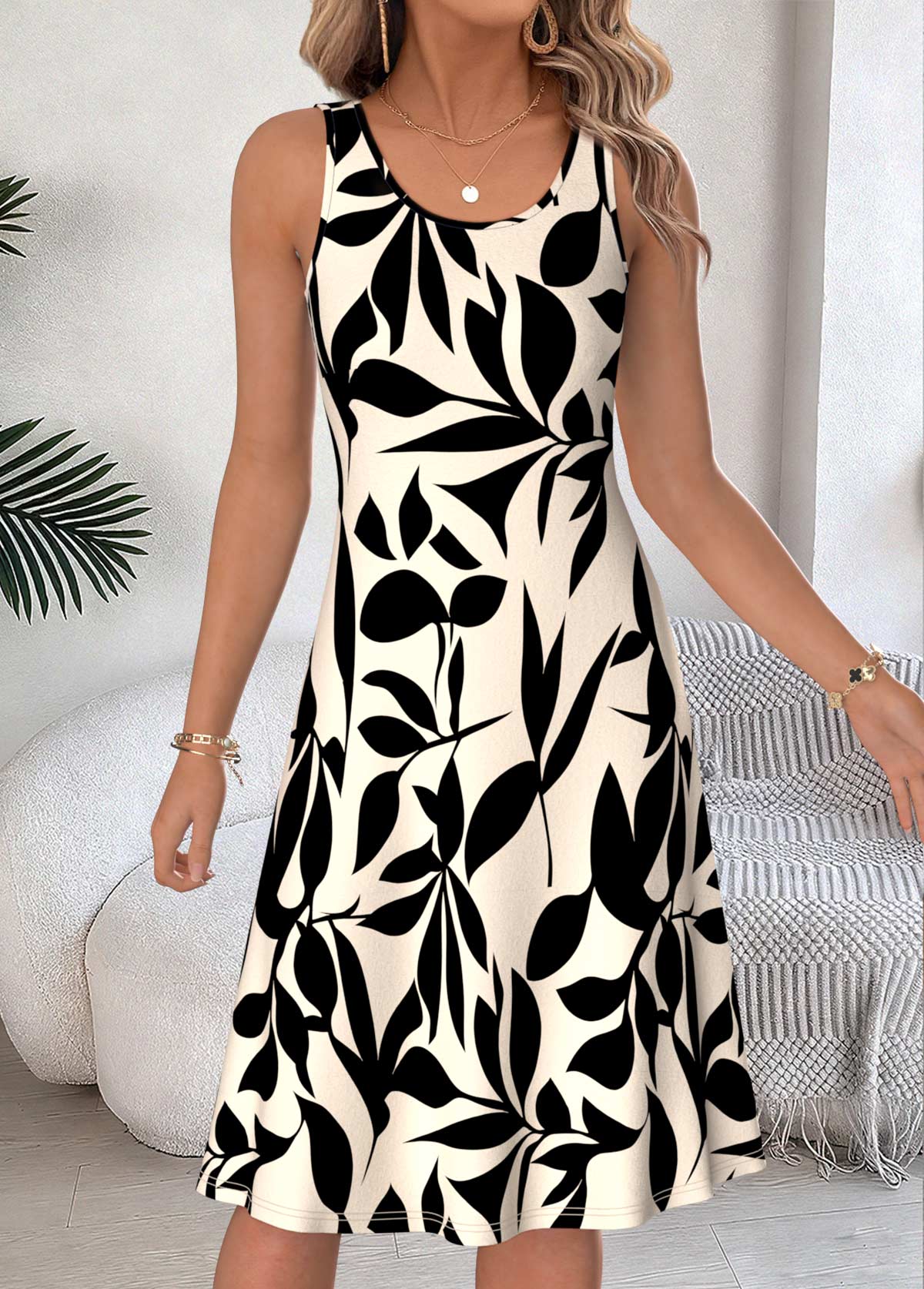 Leaf Print Two-piece Beige Long Sleeve Dress and Cardigan