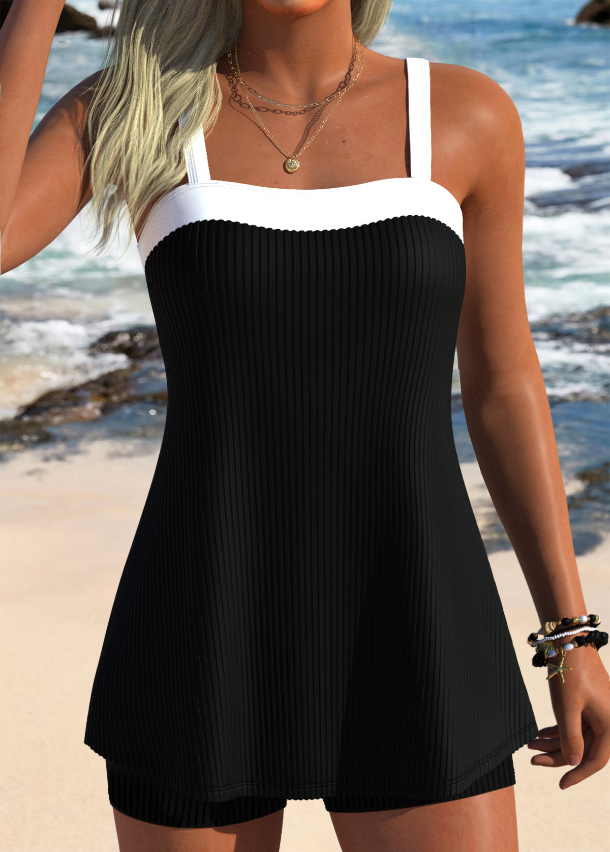 Mid Waisted Three-piece Black Tankini Set