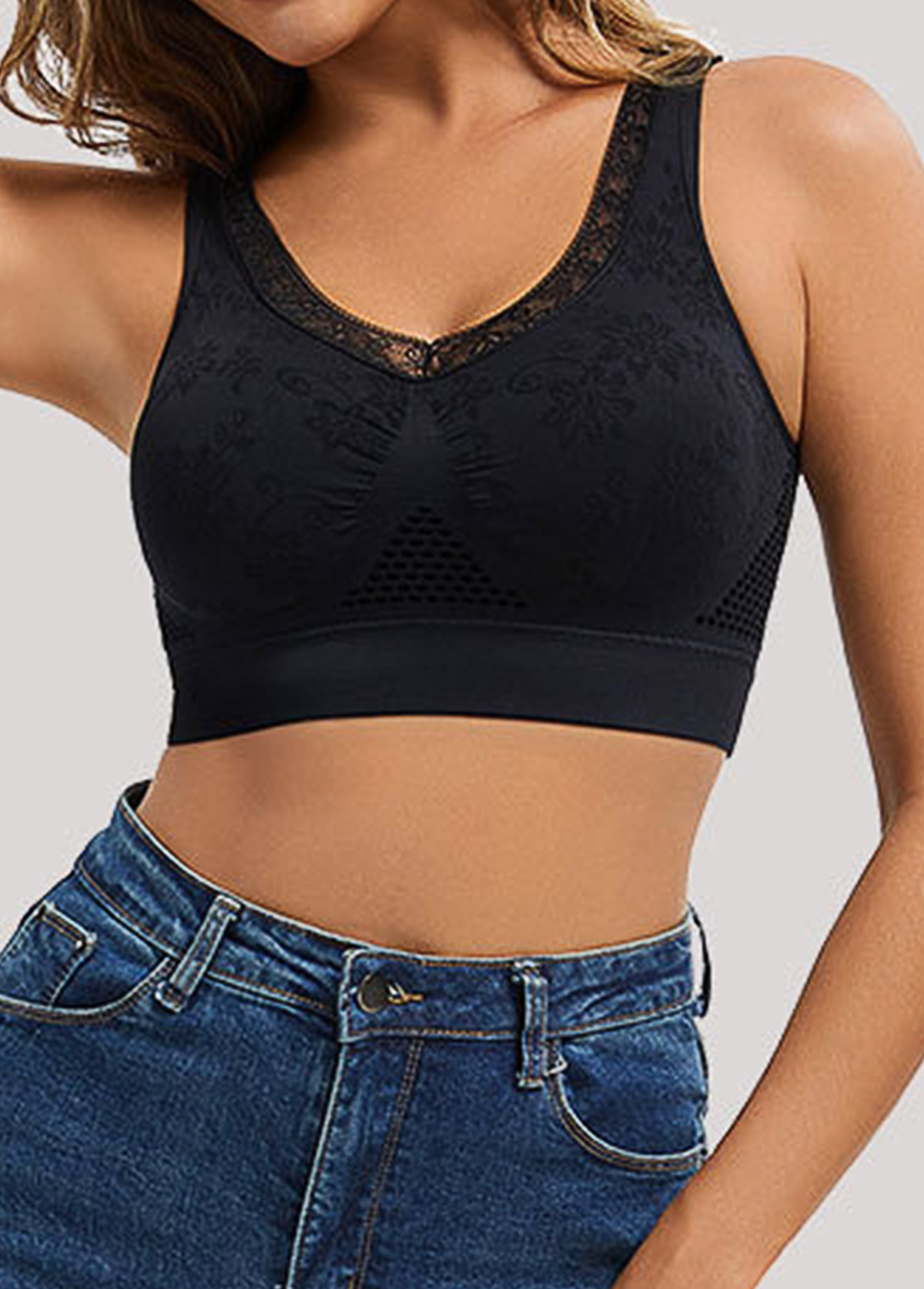 Black Lace Detail V Neck Bra