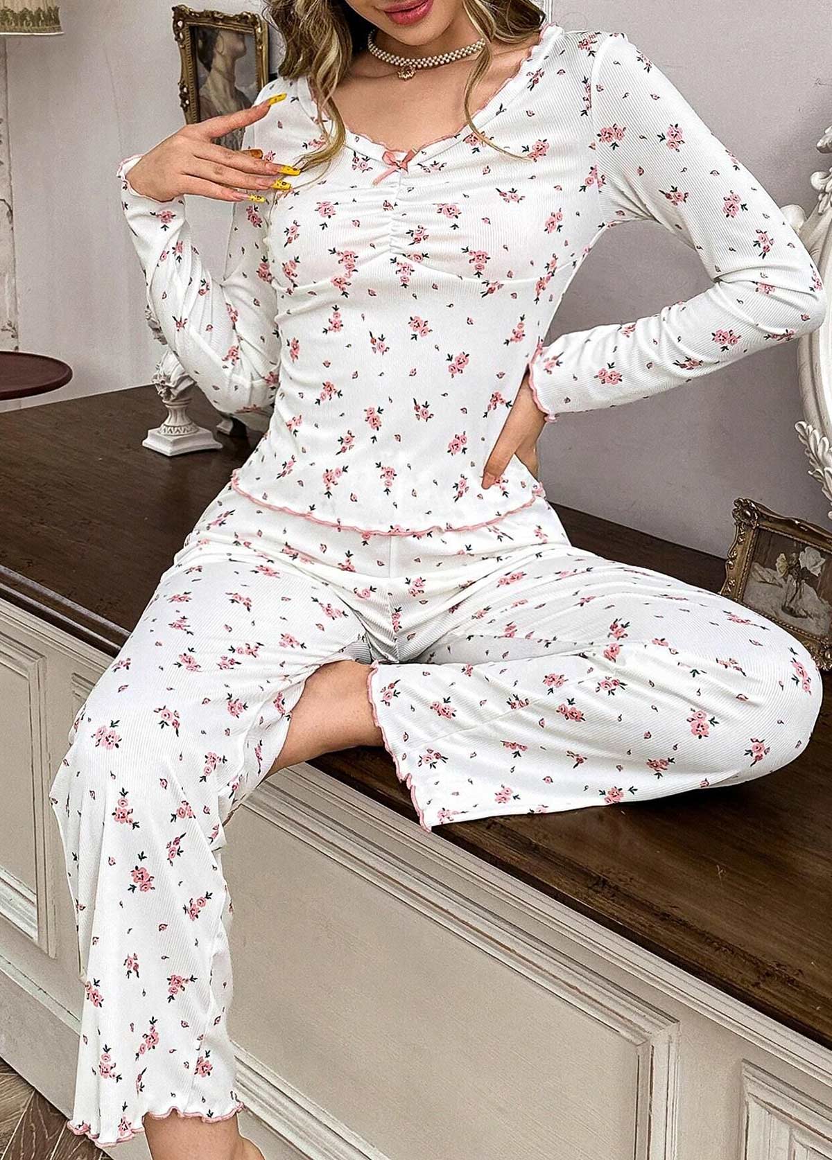 Ditsy Floral Print Light Pink Lounge Top and Pants