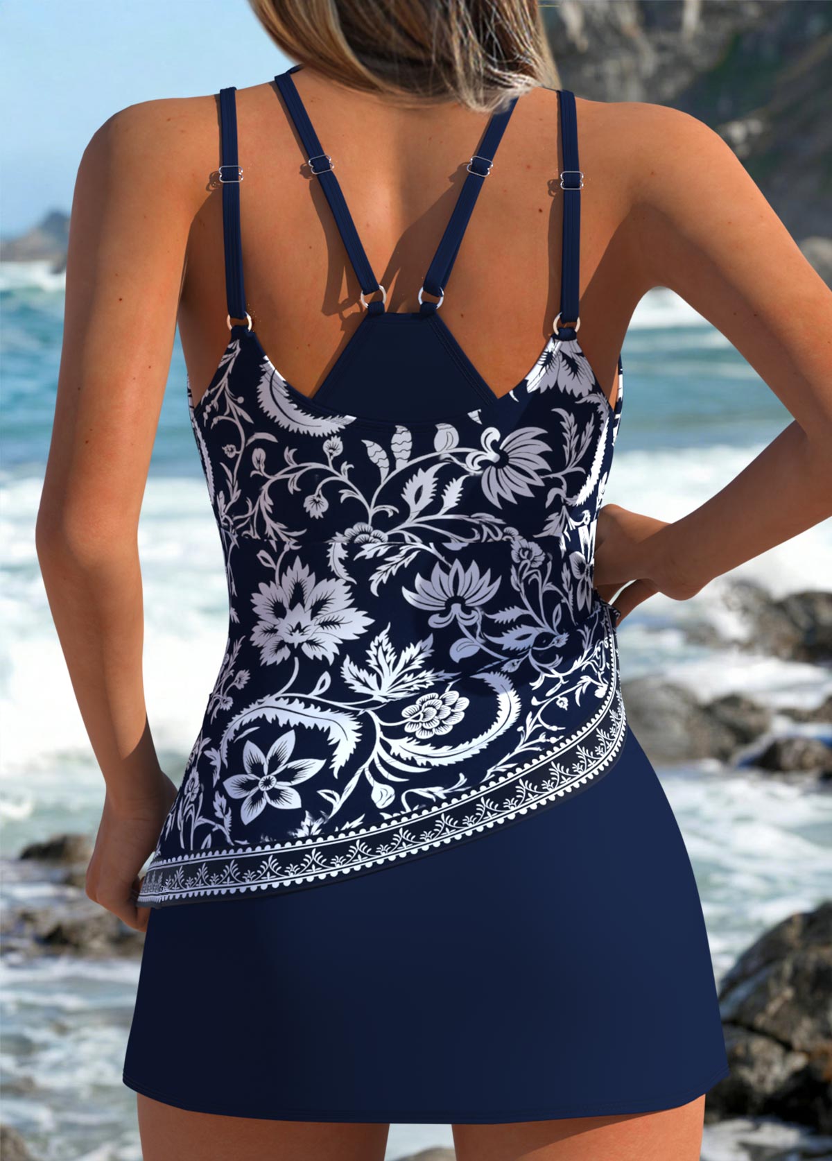 Mid Waisted Random Floral Print Fake 2in1 Tankini Set