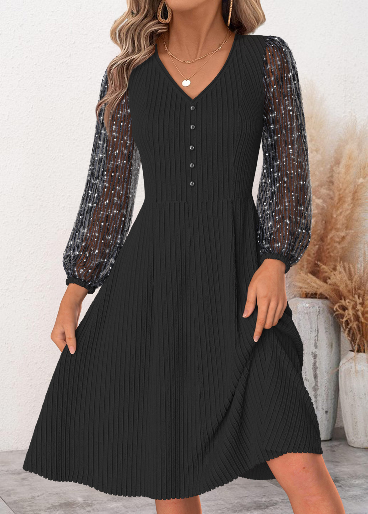 Patchwork Black Long Sleeve V Neck Dress