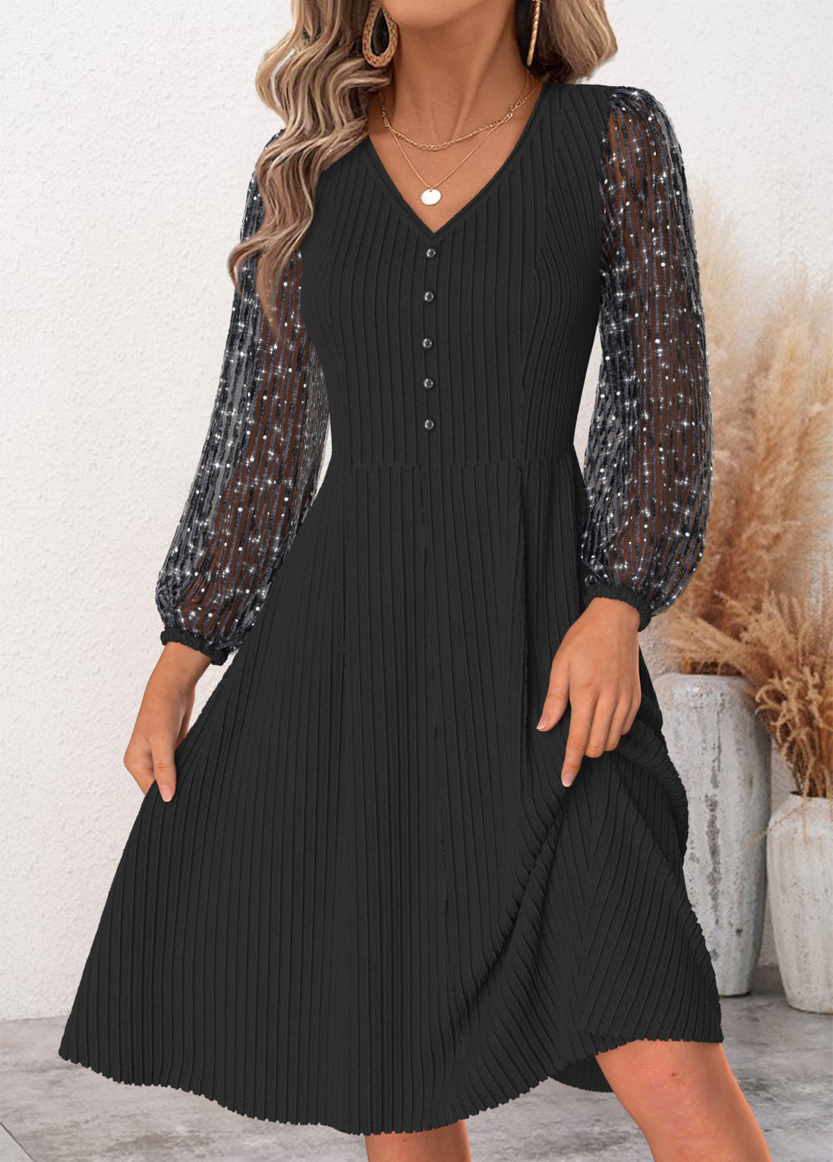 Patchwork Black Long Sleeve V Neck Dress